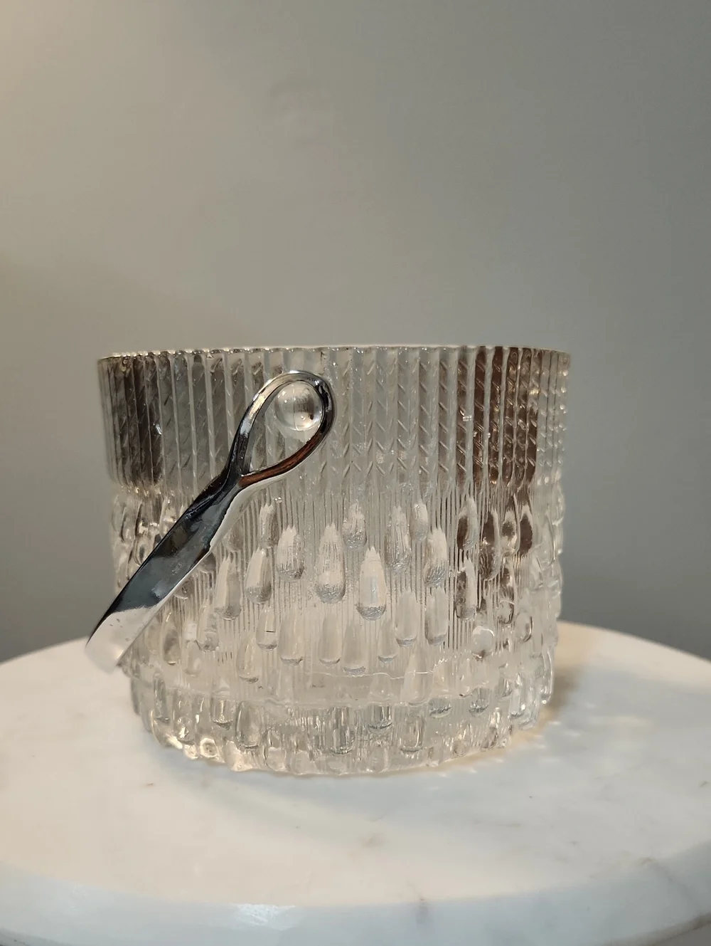 Vintage MCM Clear Textured Glass Ice Bucket Silver Tongs Teleflora